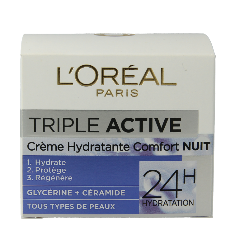 L'Oreal Paris Dermo Expertise Triple Active Nachtcreme 50ml jar, facial skincare product with creamy texture and labeled packaging.