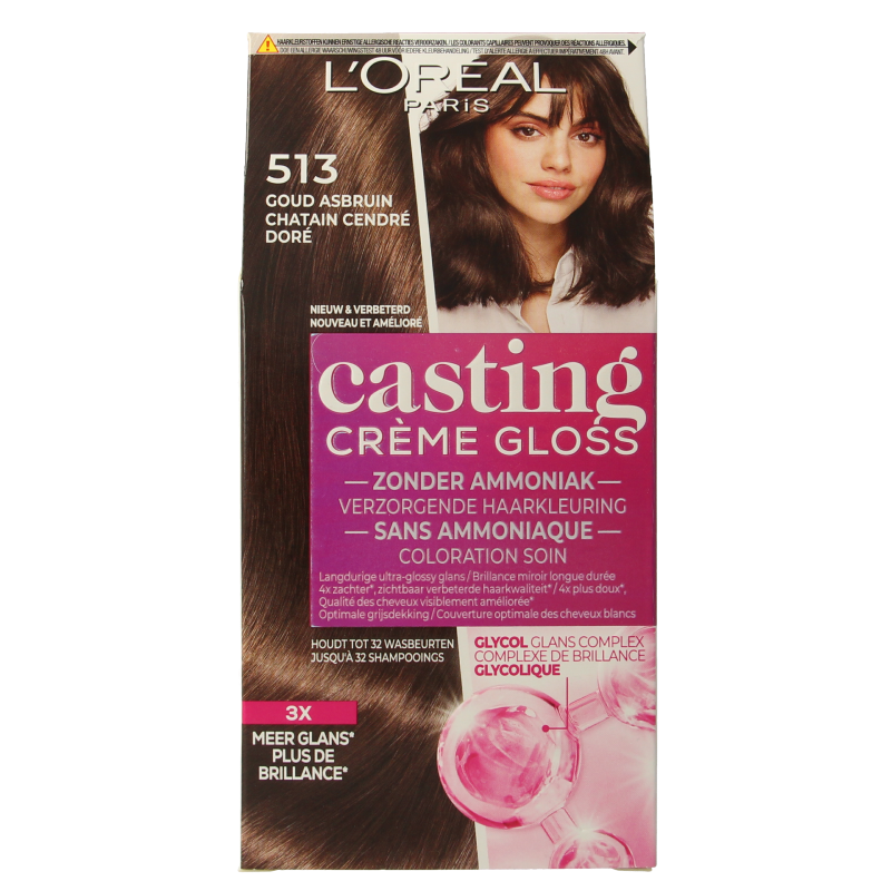 Casting Creme Gloss 513 Iced Truffle hair coloring set by Casting, showcasing the product box and color shade.