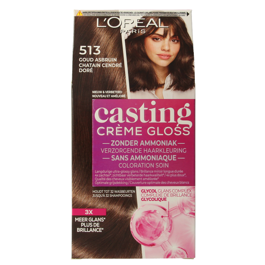 Casting Creme Gloss 513 Iced Truffle hair coloring set by Casting, showcasing the product box and color shade.