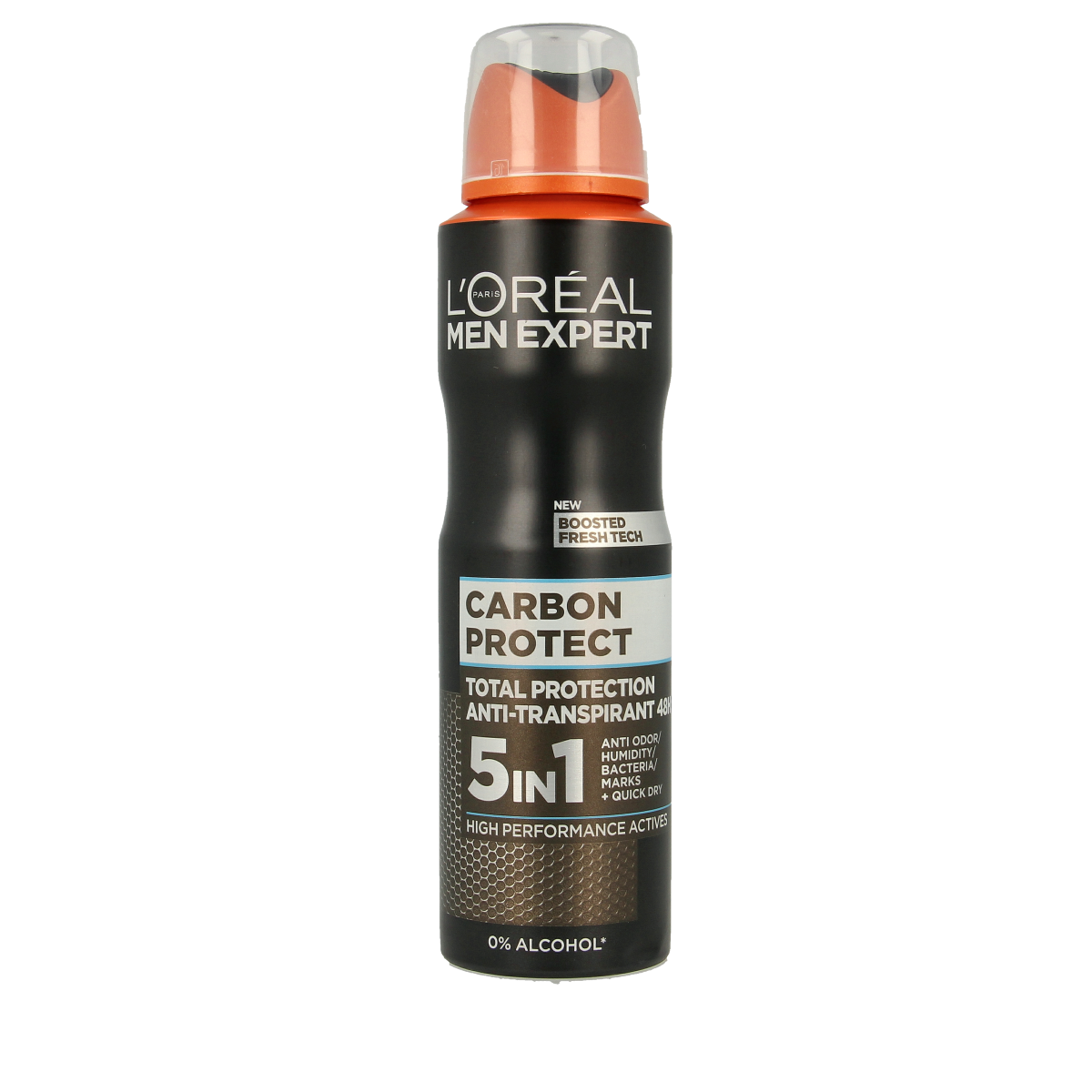 Men Expert Carbon Protect deodorant spray bottle, 150ml, with black and white packaging and ergonomic design.