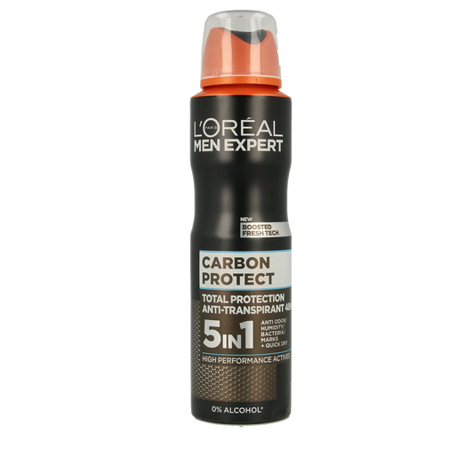 Men Expert Carbon Protect deodorant spray bottle, 150ml, with black and white packaging and ergonomic design.