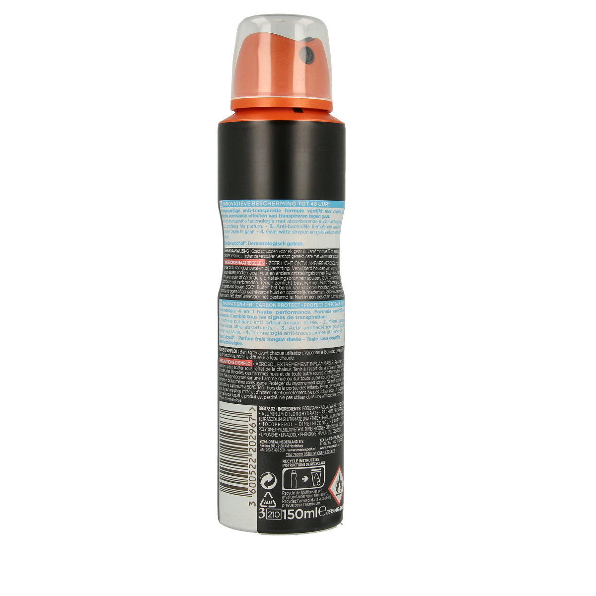 Men Expert Carbon Protect deodorant spray bottle, 150ml, with black and silver packaging showing the Men Expert branding.