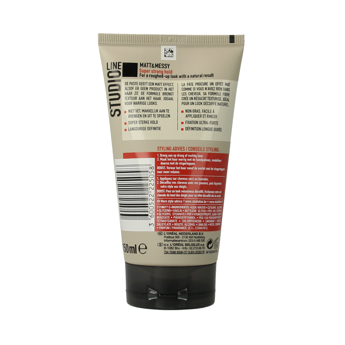 Studio Line matte and messy fibre paste for hair styling, 150ml, shine-free, provides textured, natural look.