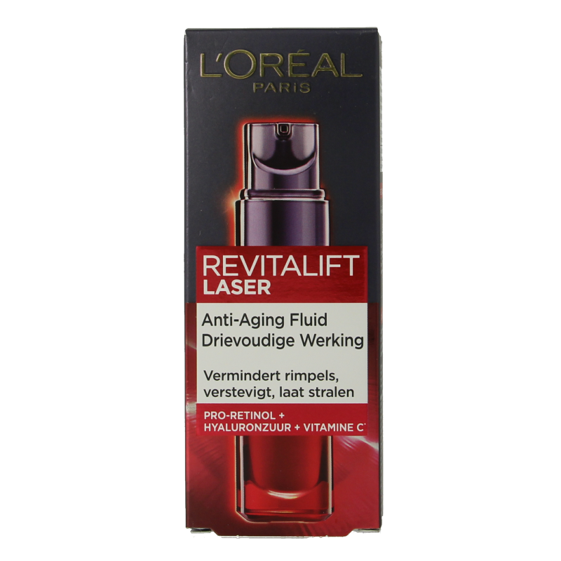 L'Oreal Paris Revitalift X3 laser serum 30ml for facial skincare, featuring a clear bottle with a pump dispenser and serum inside.