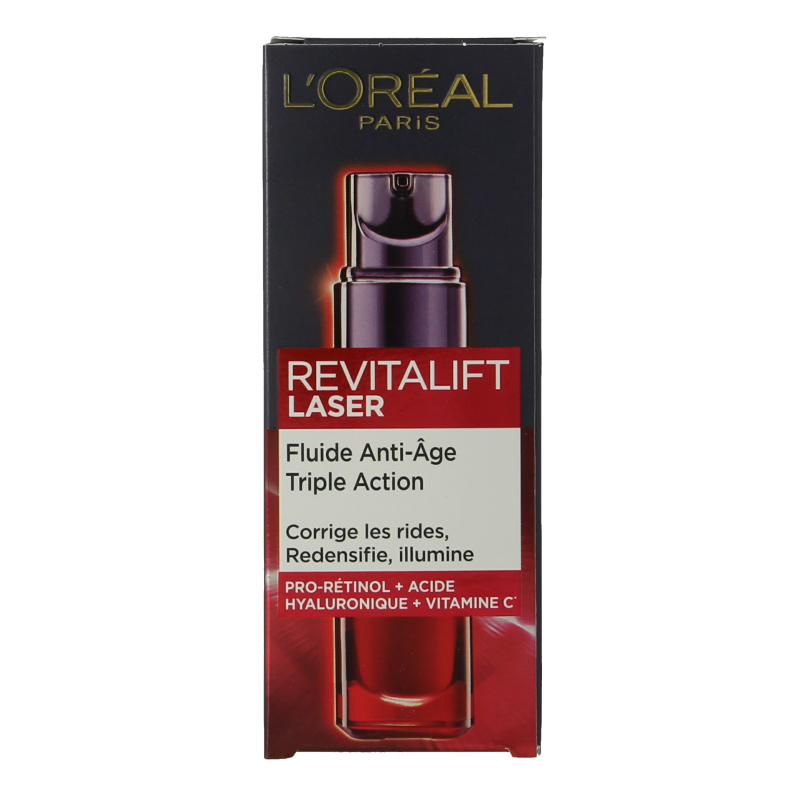 L'Oreal Paris Revitalift X3 laser serum 30ml for face, featuring clear dropper and sleek packaging.