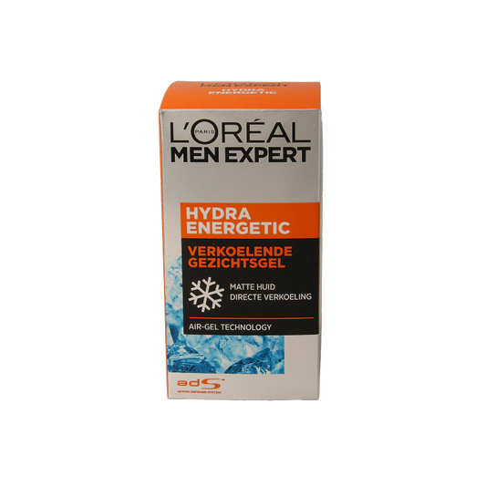 Men Expert Hydra Energetic Hydrating Gel for men, 50ml, with a clear jar showing the gel inside and skincare branding.