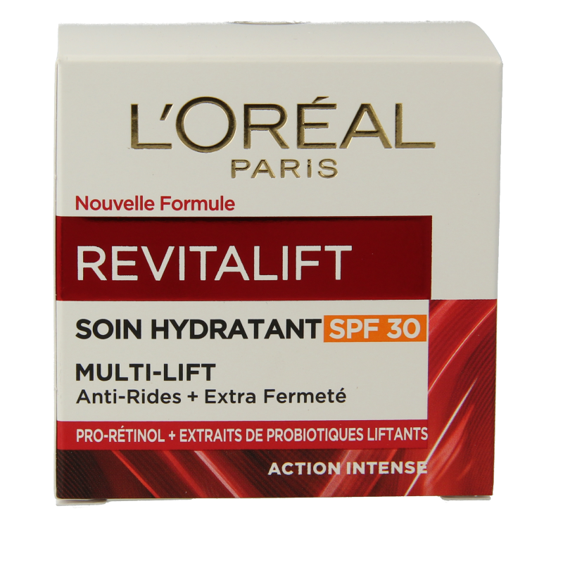 L'Oreal Paris Revitalift face cream with SPF30 in 50ml jar, providing anti-aging skincare and sun protection.