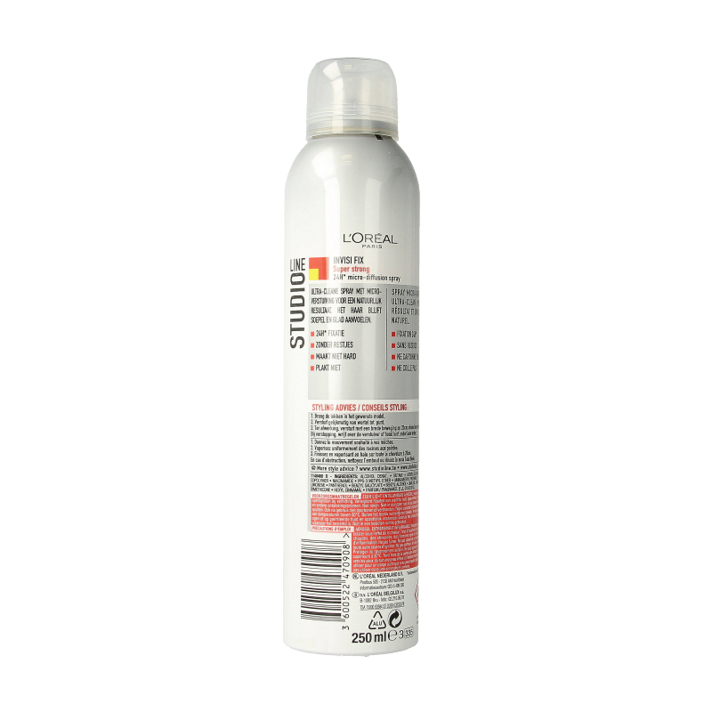Studio Line invisible fix spray for hair styling, 250ml bottle with clear, lightweight hair spray in a sleek packaging.