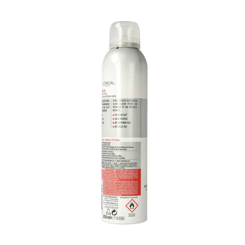 Studio Line invisible fix spray for hair styling, 250ml bottle, clear formula for strong hold and natural look.