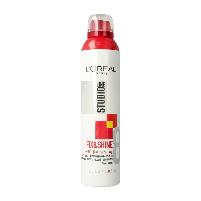 Studio Line strong fixing spray for hair styling, 250ml bottle with spray nozzle, provides super hold for all-day style.
