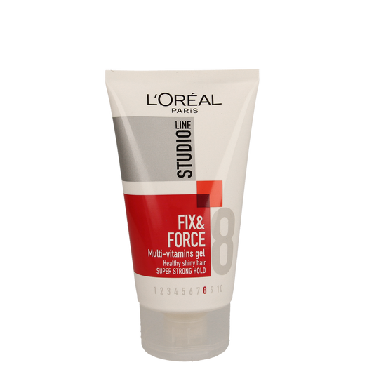Studio Line Fix & Force multi-vitamin gel for hair styling, 150ml, with a clear gel texture and professional packaging.