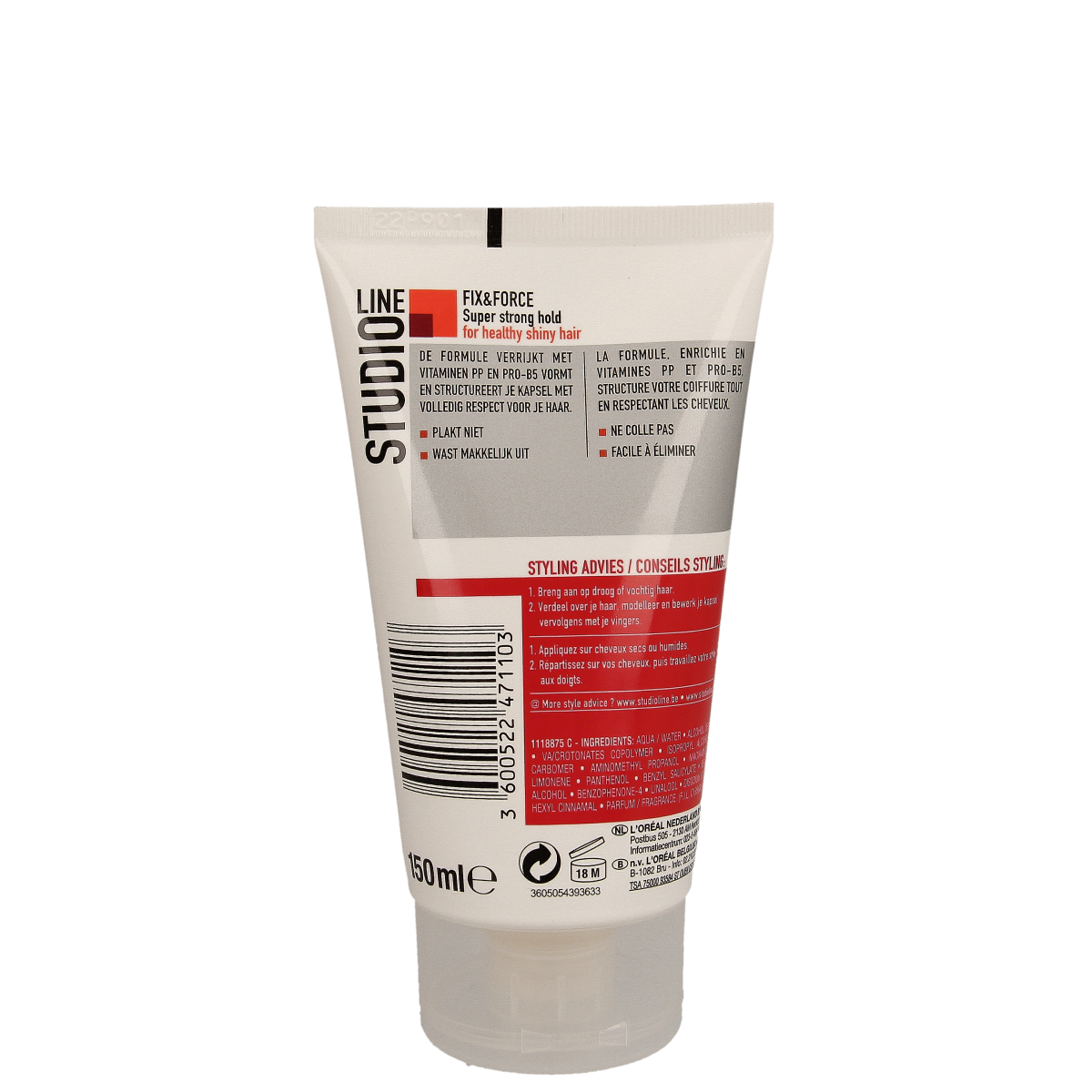Studio Line Fix & Force multi vitamins gel for hair styling, 150ml, in a clear tube with vibrant branding and product label.