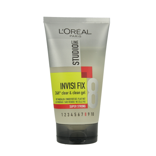 Studio Line Invisible Fix Gel for hair styling, showing the 150ml tube with clear packaging and product label.