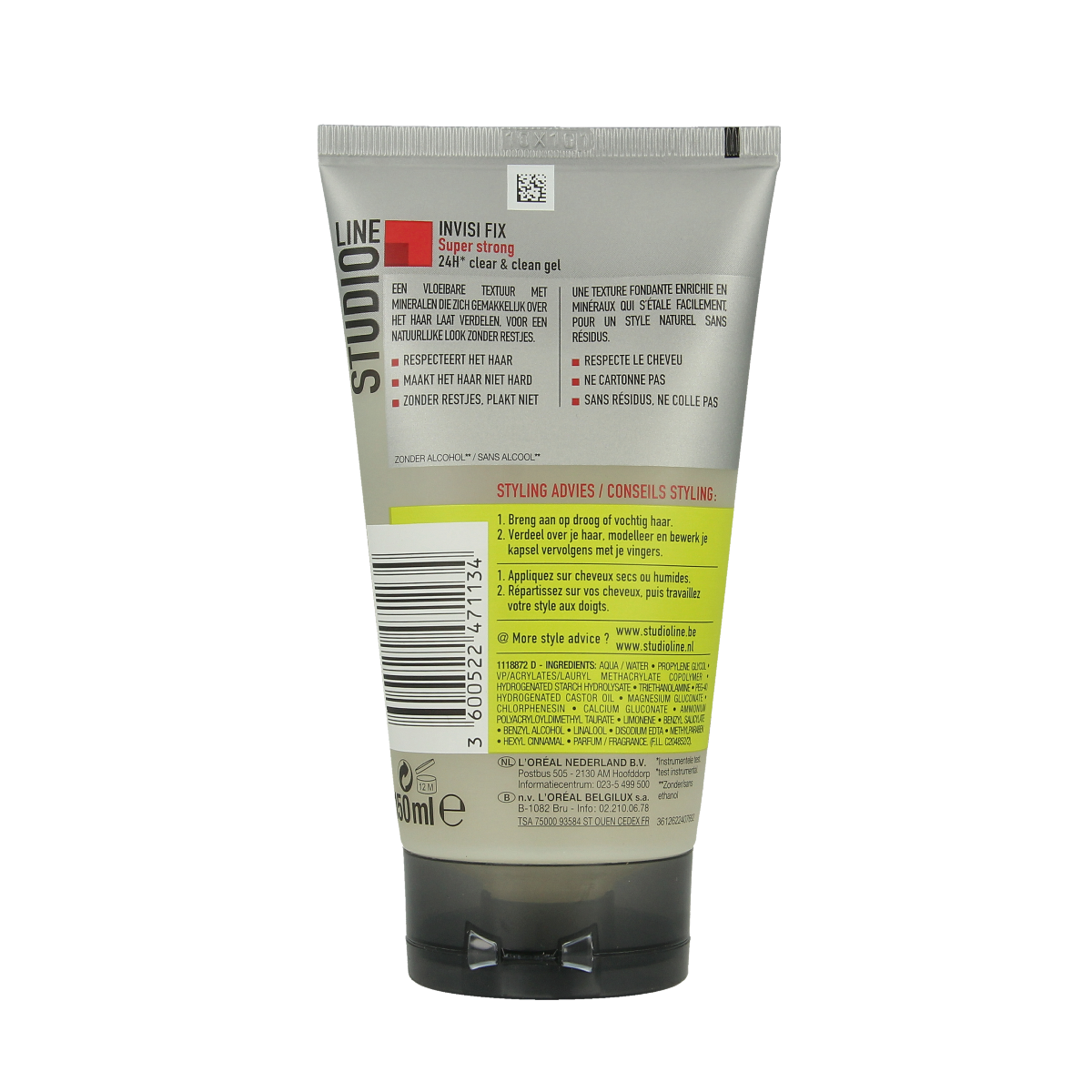Studio Line invisible fix gel for hair styling, featuring a 150ml tube with clear, super strong hold for sleek, long-lasting hairstyles.
