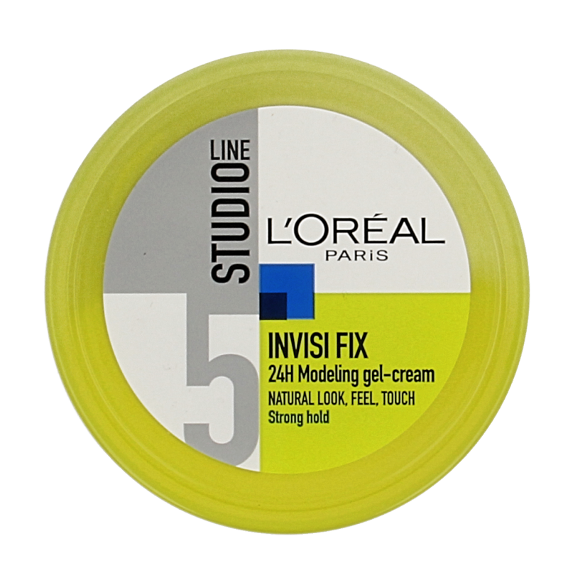 Studio Line invisible fix gel in a 150ml pot for hair styling, shown with the gel container and label.