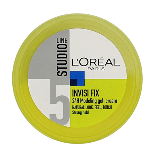Studio Line invisible fix gel in a 150ml pot for hair styling, shown with the gel container and label.