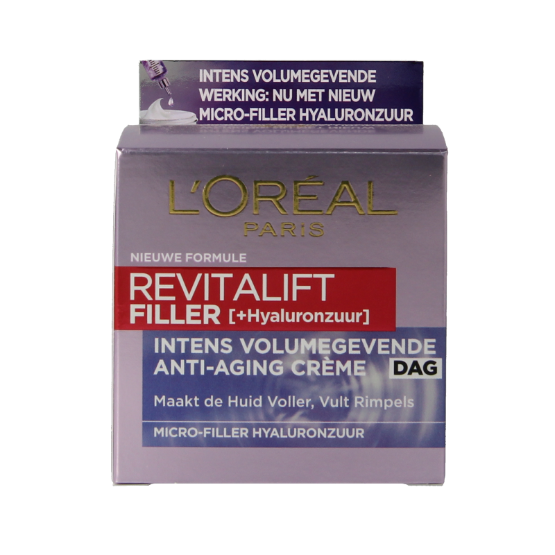 L'Oreal Paris Revitalift Filler Day Cream in 50ml jar, a facial skincare product with a smooth, creamy texture and white packaging