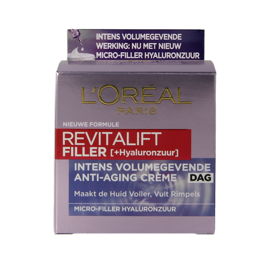 L'Oreal Paris Revitalift Filler Day Cream in 50ml jar, a facial skincare product with a smooth, creamy texture and white packaging