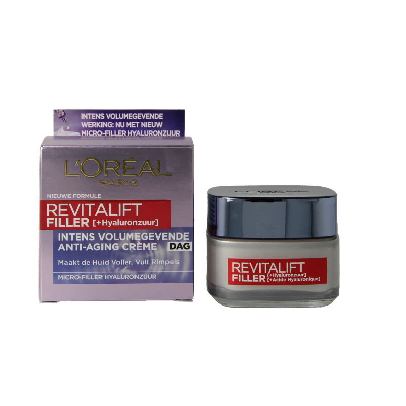 L'Oreal Paris Revitalift Filler dagcreme in 50ml jar, facial skincare product with smooth cream texture.