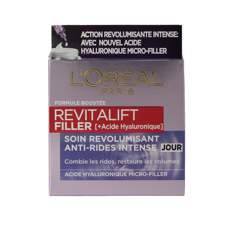 L'Oreal Paris Revitalift Filler dagcrème in 50ml jar, a facial moisturizer with anti-aging properties.