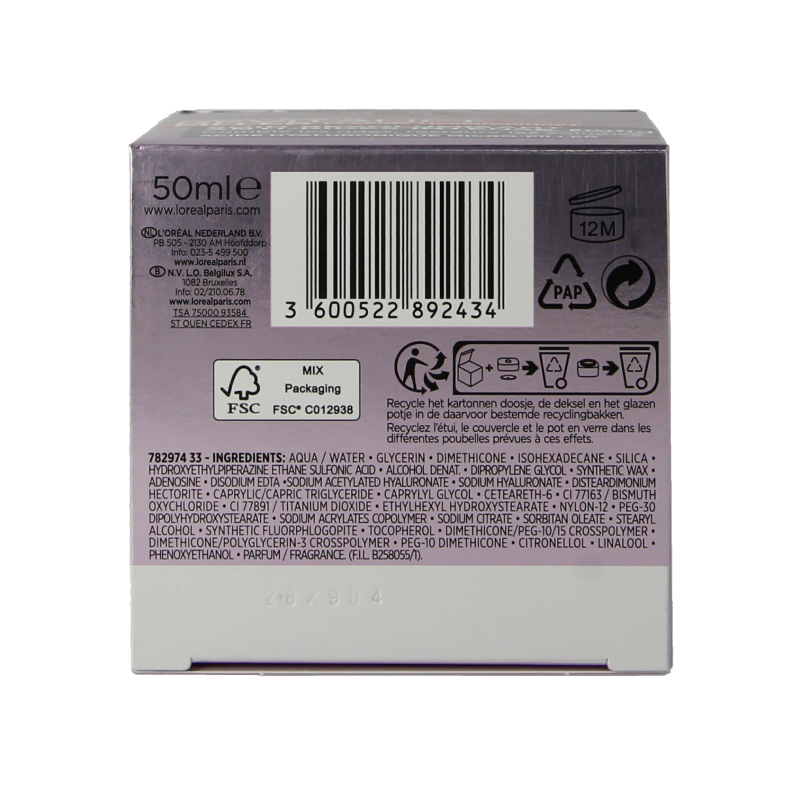 L'Oreal Paris Revitalift Filler Day Cream in 50ml jar, hydrating facial moisturizer for youthful skin.
