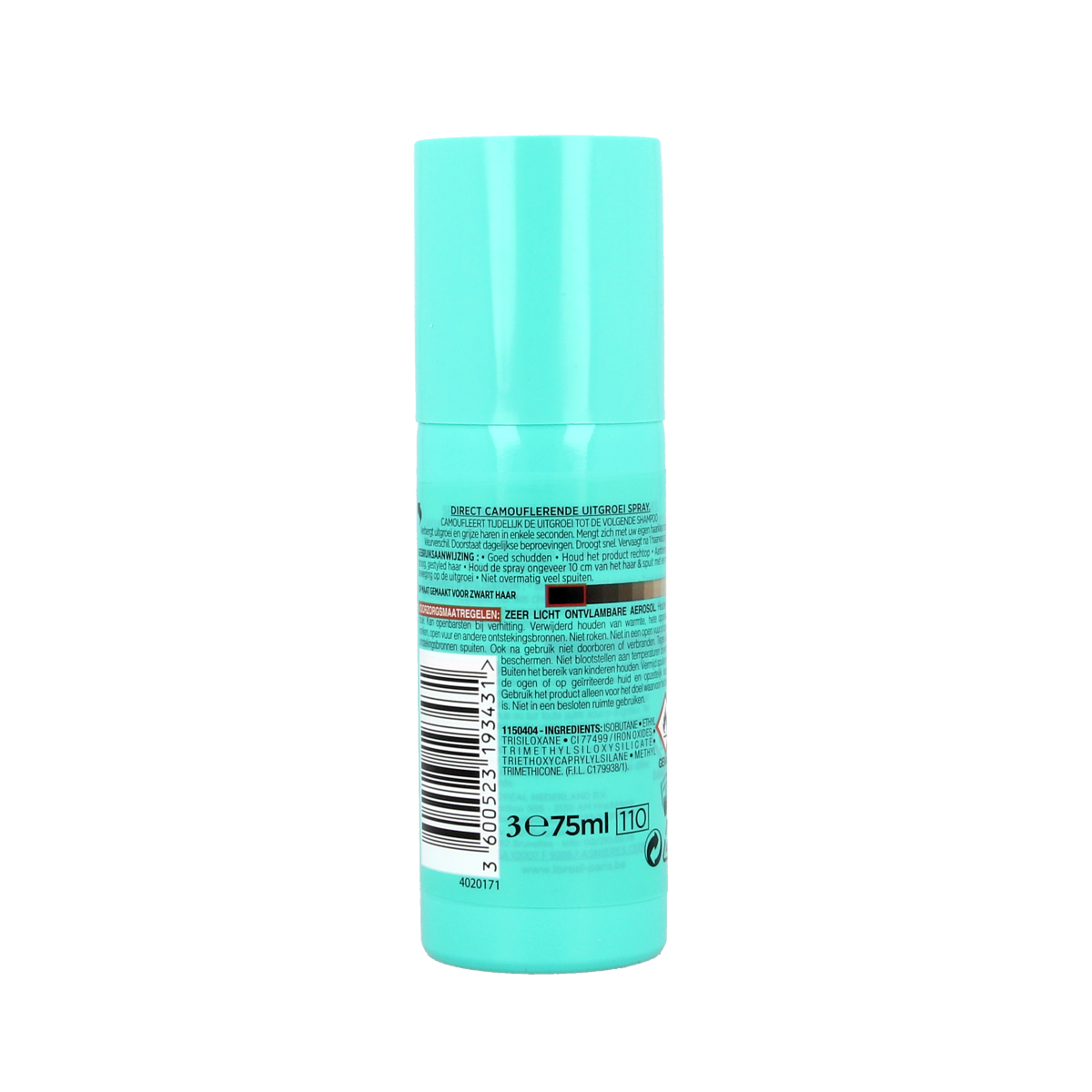 Black spray bottle of Magic Retouch hair coloring spray, 75ml, for quick hair touch-up and root concealing.