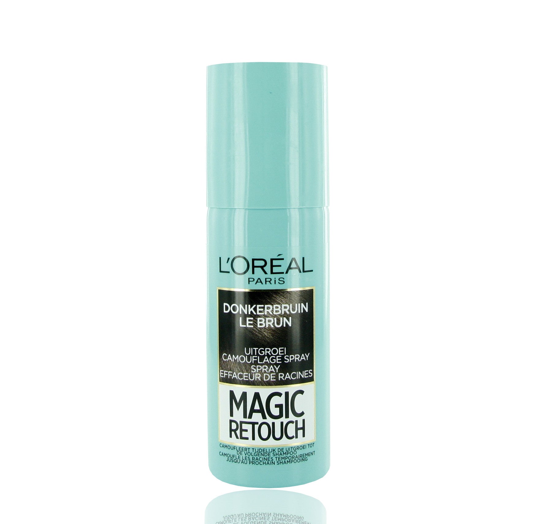Magic Retouch bruin spray for hair coloring, 75ml bottle, easy touch-up for root touch-ups and hair color refresh.