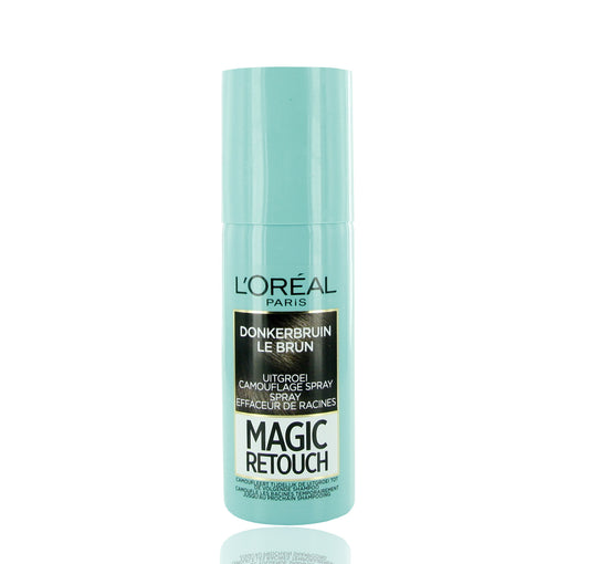 Magic Retouch bruin spray for hair coloring, 75ml bottle, easy touch-up for root touch-ups and hair color refresh.