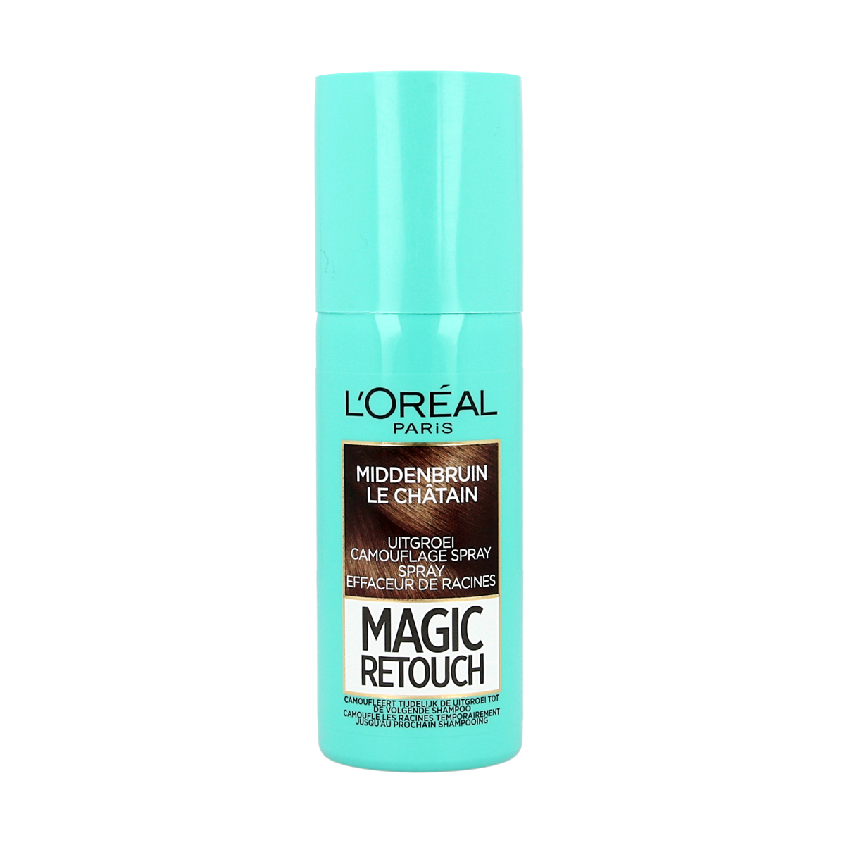 Magic Retouch midden bruin spray for hair coloring, 75ml bottle shown in the image
