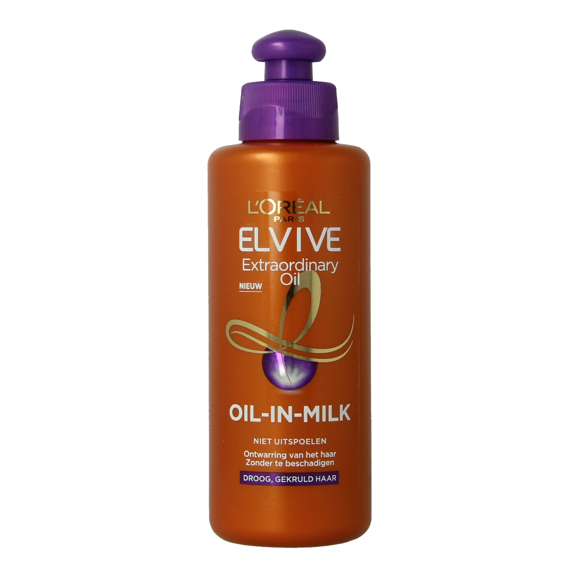 Elvive Extraordinary Oil in Milk for hair care, 200ml, with a bottle of nourishing hair treatment and golden liquid inside