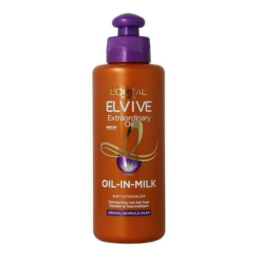 Elvive Extraordinary Oil in Milk for hair care, 200ml, with a bottle of nourishing hair treatment and golden liquid inside