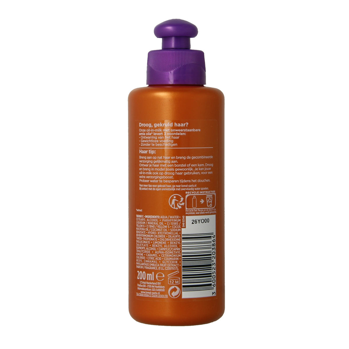 Elvive Extraordinary Oil in Milk for curly hair care, 200ml bottle with pump dispenser and golden label.