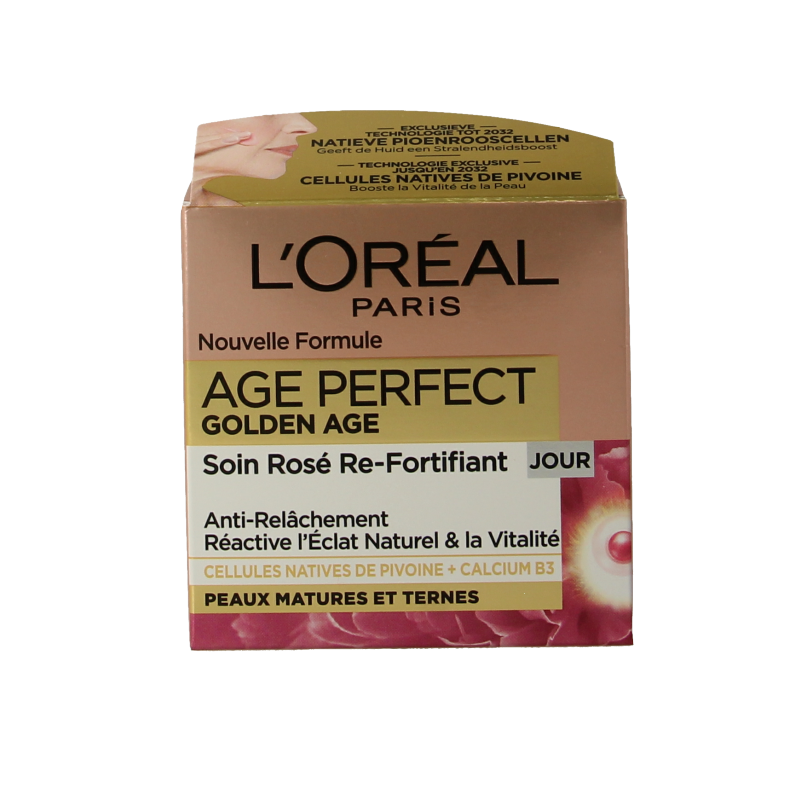 L'Oreal Paris Age Perfect Golden Age Day Cream with Rose, 50ml, facial skincare in a jar with a pink and gold packaging.