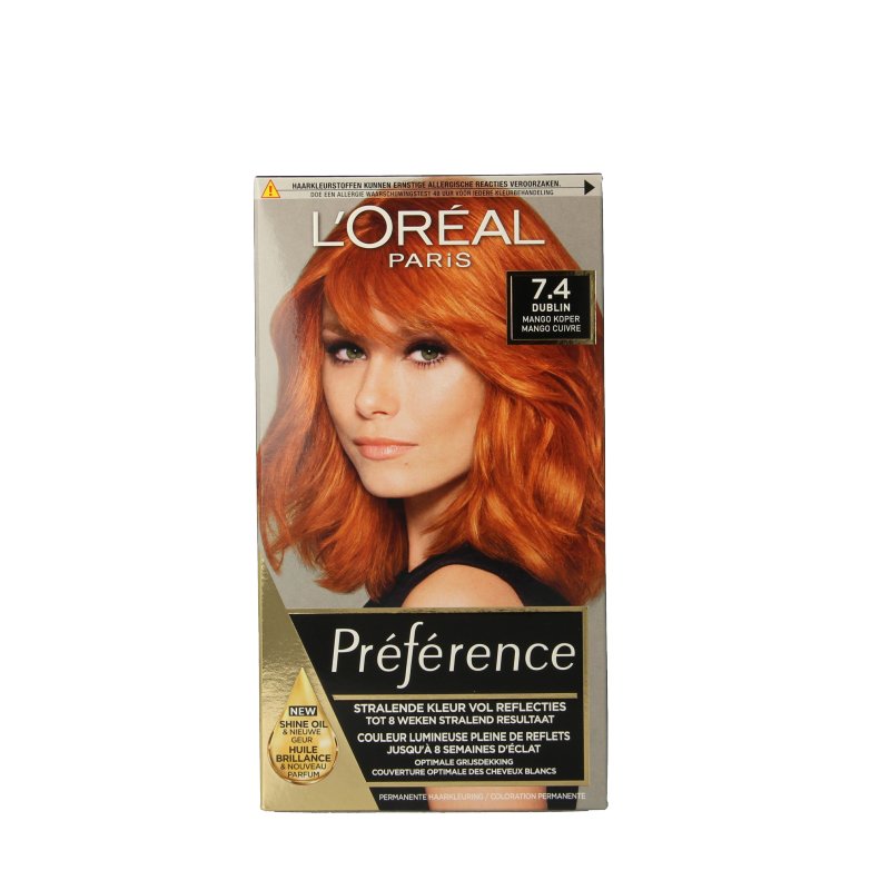 Preference Dublin Mango Koper 7.4 hair coloring set with professional shades for vibrant, copper-toned hair coloring.
