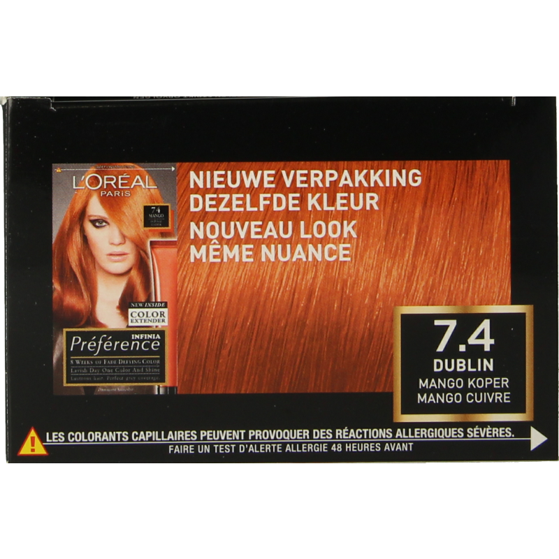 Preference Dublin mango koper hair coloring set, featuring a box with professional hair dye and applicator bottles.