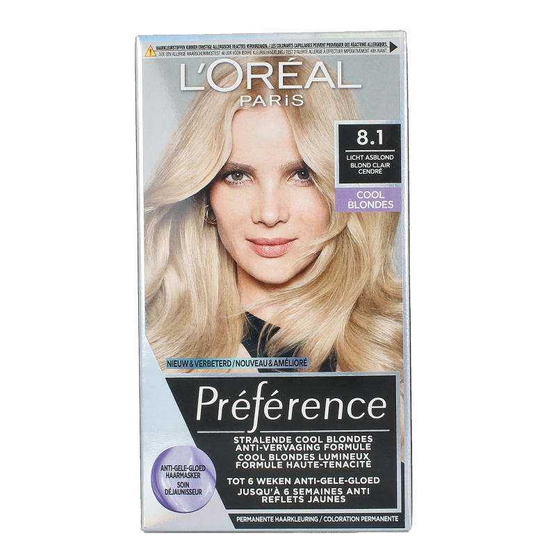 Preference 8.1 Copenhagen light ash blond hair coloring kit, showcasing the product set with hair color tubes and applicator tools.