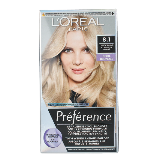 Preference 8.1 Copenhagen light ash blond hair coloring kit, showcasing the product set with hair color tubes and applicator tools.