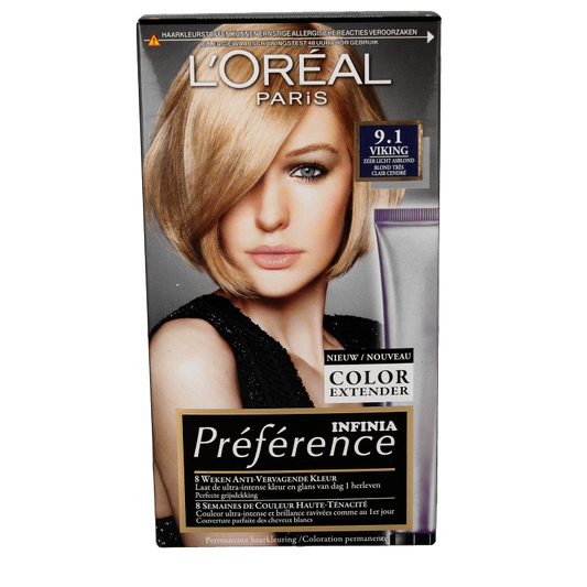 Preference 9.1 Viking zeer licht asblond 1.00 hair coloring set, light ash blonde hair dye in a professional kit