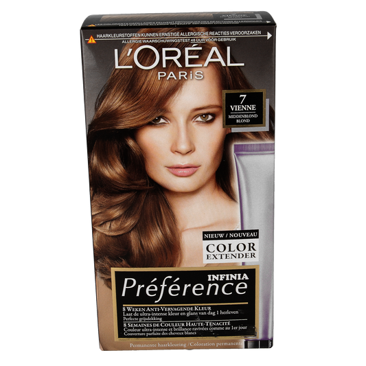 Preference 7.0 Vienne midden blond hair coloring set with blonde shades and coloring tools, natural hair color application.