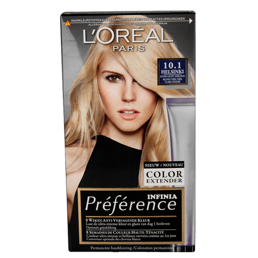 Preference Helsinki extra licht asblond hair coloring set, featuring light blonde shades and application tools.