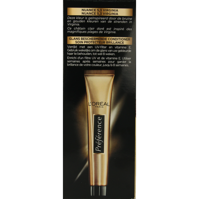 Preference 5.3 Virgin light golden brown hair coloring kit with a set of products for hair dyeing.