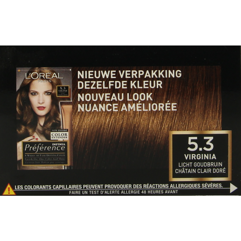 Preference 5.3 Virgin licht goudbruin haarkleuring set, showcasing the light blonde hair color and application kit.