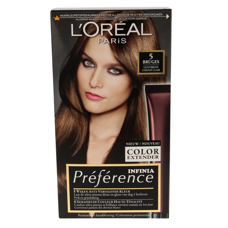Preference 05 Bruges light brown hair coloring set, featuring a boxed hair dye kit with multiple components for coloring hair.