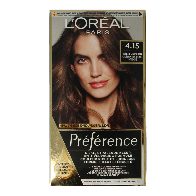 Preference 4.15 Caracas diep kastanjebruin hair coloring set showing a box of hair dye with color details