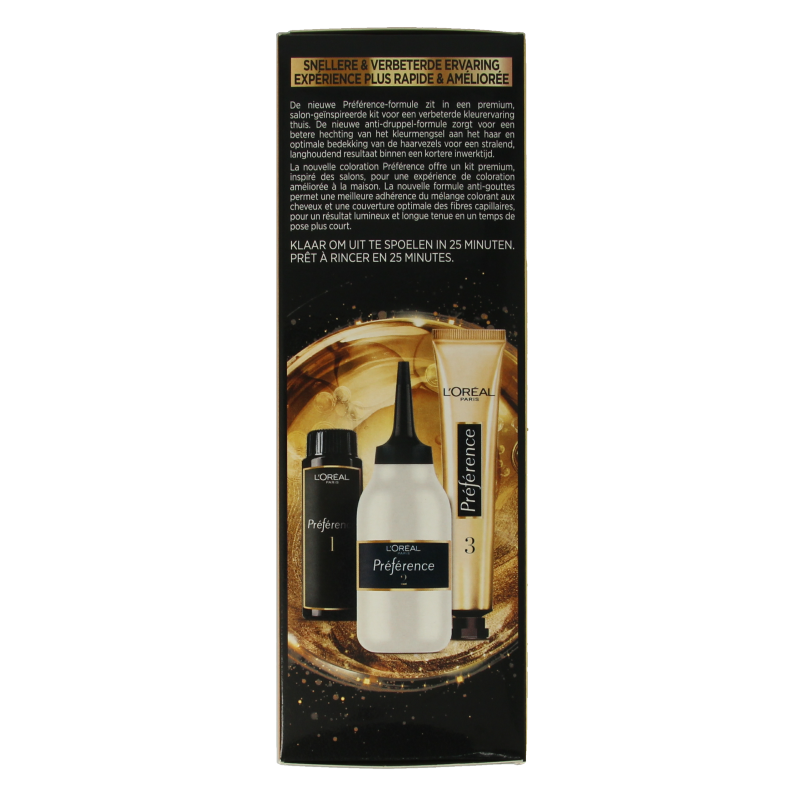 Preference 4.15 Caracas diep kastanjebruin hair coloring kit with one set of hair dye in rich chestnut brown shade.