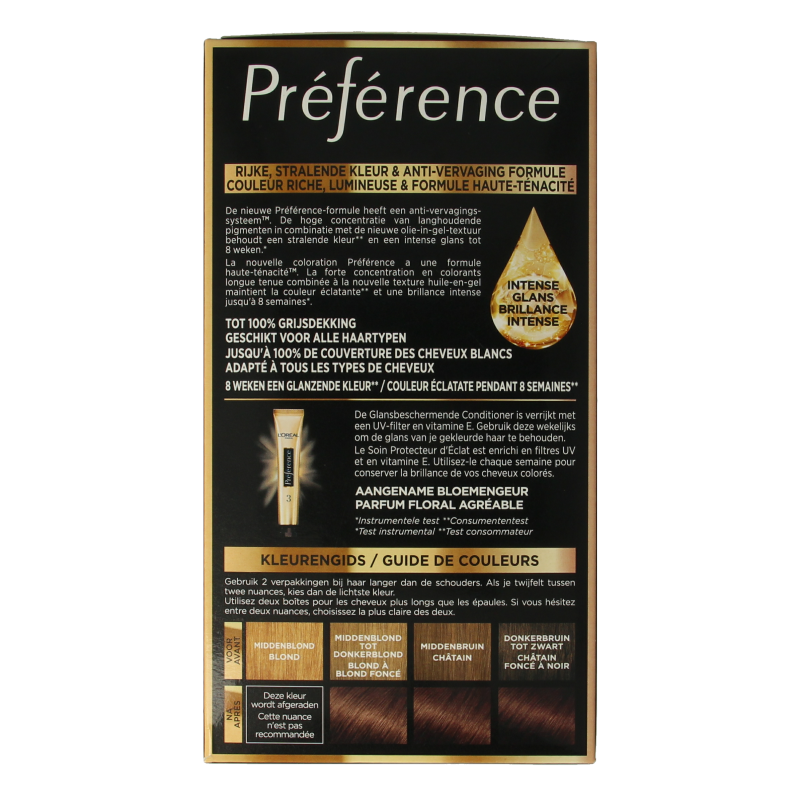 Preference 4.15 Caracas diep kastanjebruin haarkleuring set showing the box and product packaging.