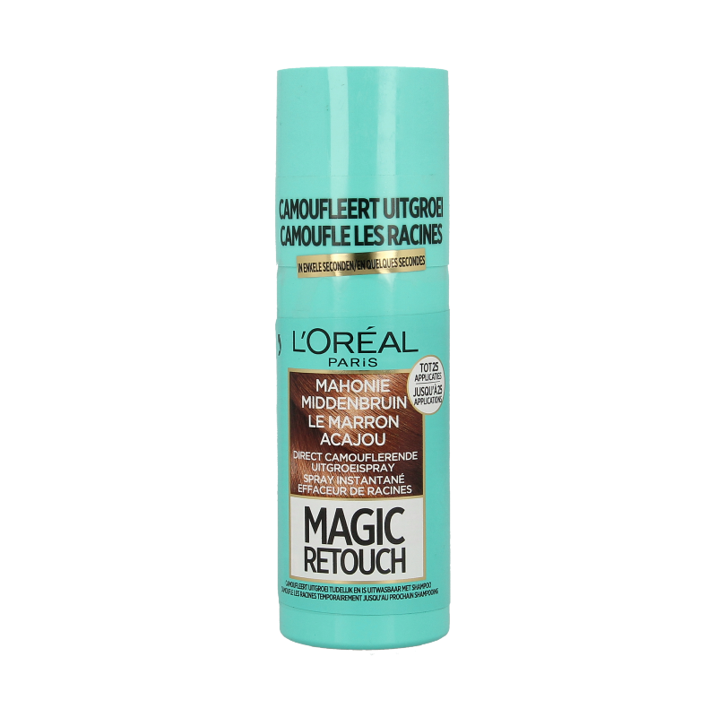 Spray bottle of Magic Retouch Mahogany hair color spray, 75ml, for quick hair root touch-ups with natural mahogany shade.