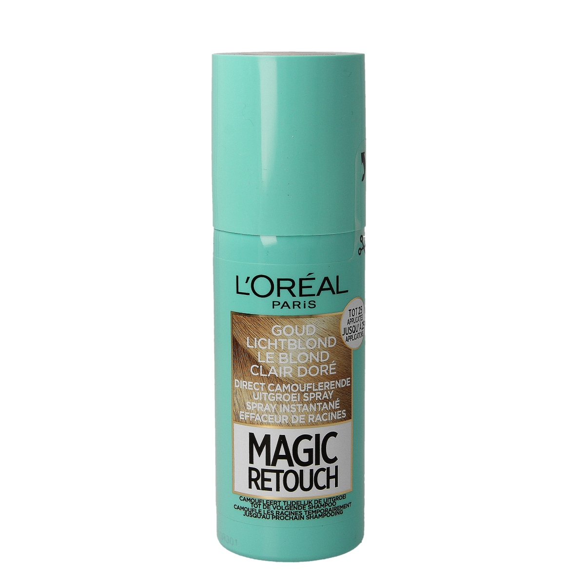 Spray bottle of Magic Retouch Gold Light Blonde hair coloring spray, 75ml, for quick hair touch-up and color blending.