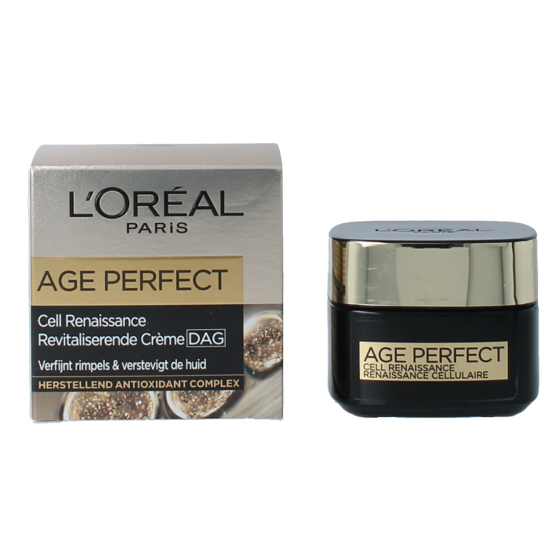 L'Oreal Paris Age Perfect Cell Renewal face cream in 50ml jar, moisturizing skincare for mature skin.