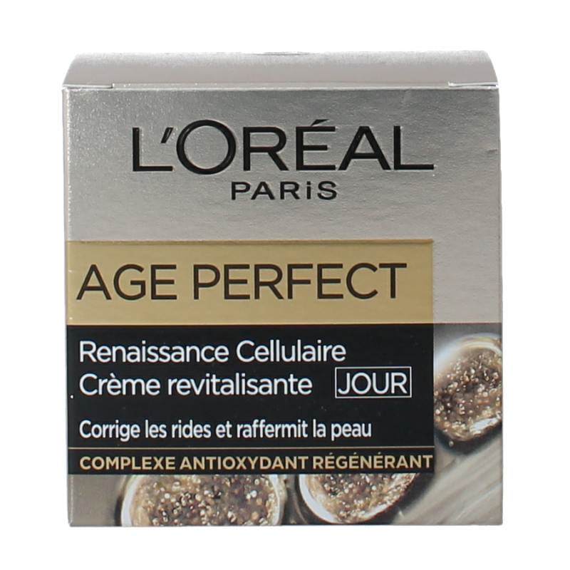 L'Oreal Paris Age Perfect Cell Renaissance face cream in 50ml jar, hydrating skincare for mature skin, with a smooth, creamy texture.